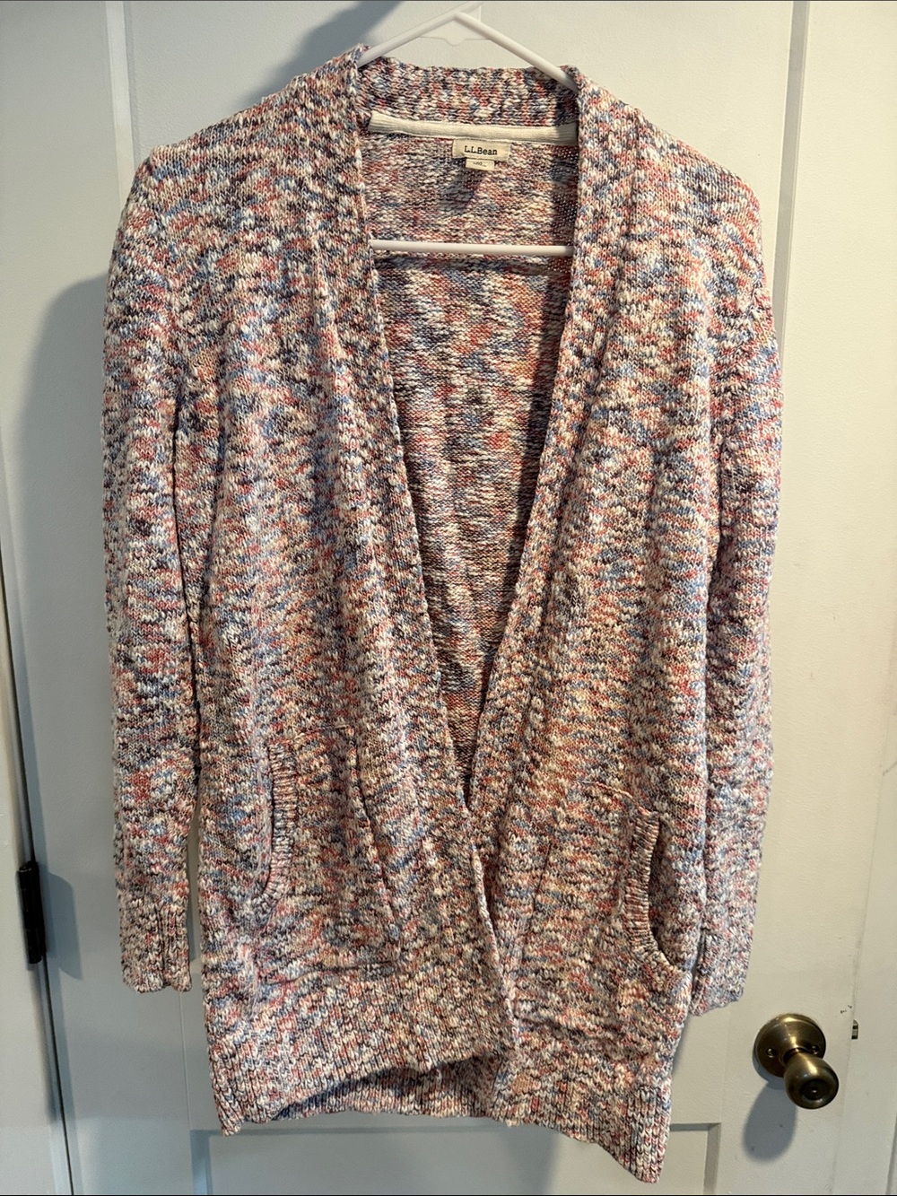 L.L. Bean Multicolor Speckled Open-Front Cardigan — Pink, Blue, Cream